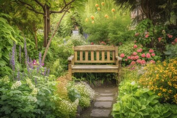 wooden bench surrounded by blooming flowers and greenery in garden, created with generative ai