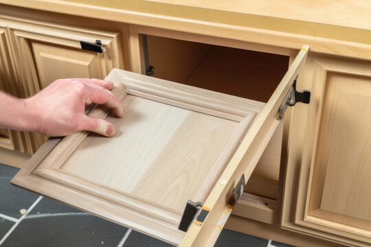 person, repairing broken kitchen cabinet door, with new replacement in hand, created with generative ai