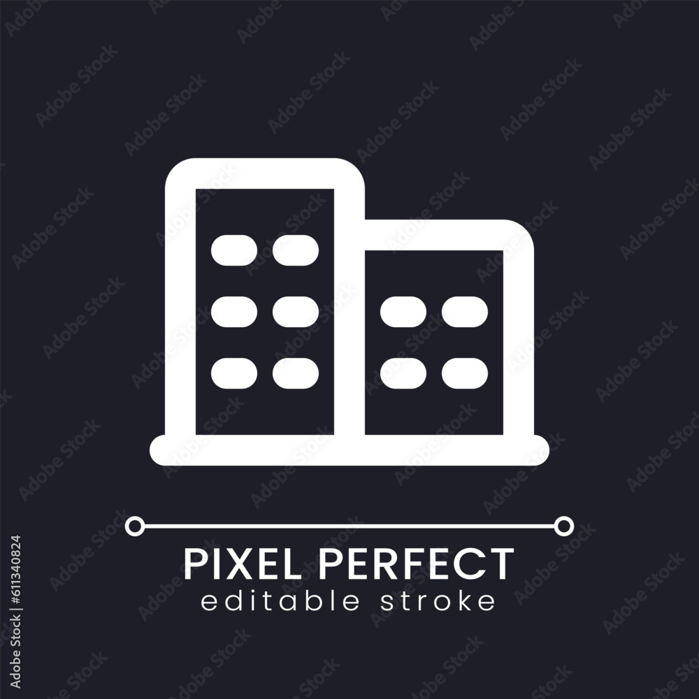 Poster hotel pixel perfect white linear ui icon for dark theme. providing lodging. paid service. vector lin