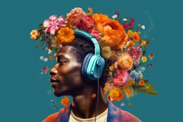 man wearing headphones with flowers on his head, generative AI
