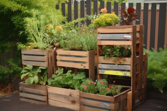 a diy garden project with repurposed materials, including reclaimed wood and metal, created with generative ai