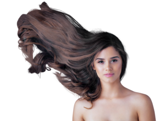 Hair, wind and woman in portrait isolated on transparent png background of salon, color treatment or hairdresser results. Healthy glow, hairstyle in air or growth with face of young person for beauty