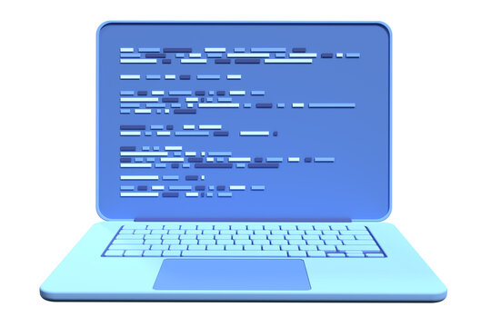 3d laptop and program code development. Web coding concept. Coding screen 3d rendering. 3d rendering of laptop. 3d render illustration