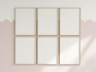 six vertical frames on the wall, girl room interior frame mockup, print mockup, baby room mockup, kids room mockup, nursery interior frame mockup, gallery wall mockup, pink wall mockup, 3d render