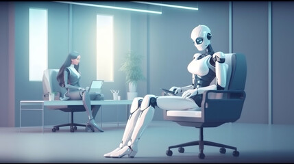 Chat bot and woman in office. AI robot for work assistant, communication, student education. Generative ai.