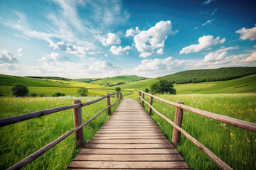 Fototapeta na wymiar A wooden bridge leading across a field surrounded by mountains