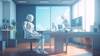 Fototapeta premium Chat bot and woman in office. AI robot for work assistant, communication, student education. Generative ai.