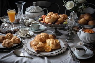 table setting for elegant tea party, with flaky puff pastries and turnovers as the star of the spread, created with generative ai