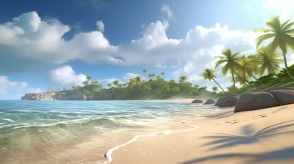 Escape to a tropical paradise with ultra detail HD backgrounds that capture the essence of sunny beach. The scene reveals a breathtaking coastal panorama, beach with coconut trees, Generative AI