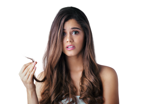 Isolated woman, hair and split ends in portrait with worry, shock and problem by transparent png background. Girl, model and damage with hairstyle, beauty and breakage with stress for cosmetics - Powered by Adobe