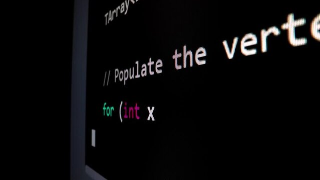 Closeup macro shot movement of coding script moving across LED screen with real-time AI-generated typing, showcasing advanced AI learning in optimization, debug and coding for software development.