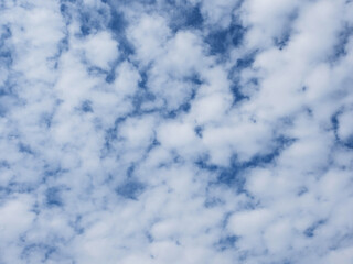 Obraz premium Blue sky with unusual fluffy abstract white clouds structure. Strange dramatic clouds pattern texture.