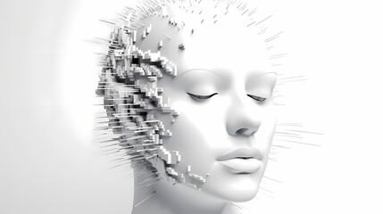 3D Render. Human face transforming to robot. AI technology, white background, digitalism, technology of the future. Generative AI