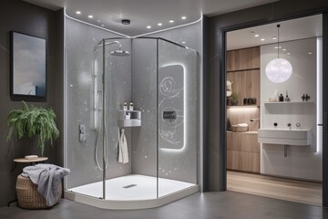 a bathroom with a smart shower that heats and massages, as well as cleanses, created with generative ai
