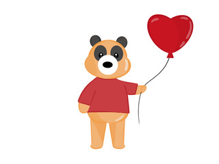 Baby panda cartoon holding red heart balloon on white background.