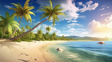 Obraz na płótnie Canvas Escape to a tropical paradise with ultra detail HD backgrounds that capture the essence of sunny beach. The scene reveals a breathtaking coastal panorama, beach with palm trees, Generative AI