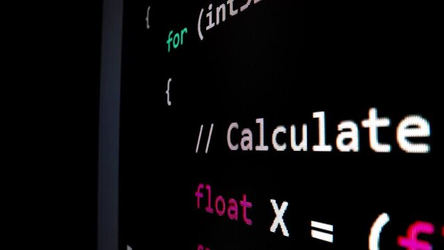 Closeup macro shot movement of coding script moving across LED screen with real-time AI-generated typing, showcasing advanced AI learning in optimization, debug and coding for software development.