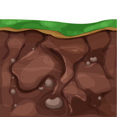 Ground land underground cross section textured with stones in cartoon style. Game level, scenery. Farming ar garden