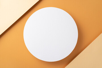 Modern abstract background concept. High angle view photo of white empty circle on divided beige and brown isolated background with copyspace