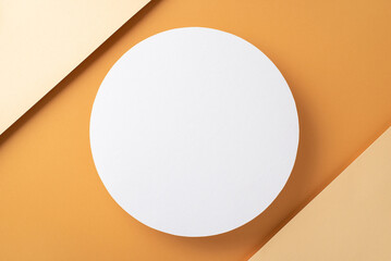 Modern abstract background concept. High angle view photo of white empty circle on divided beige and brown isolated background with copyspace