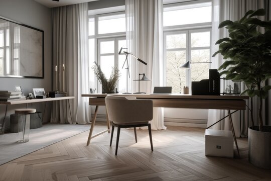 chic home office with minimalistic decor, sleek furniture and natural lighting, created with generative ai