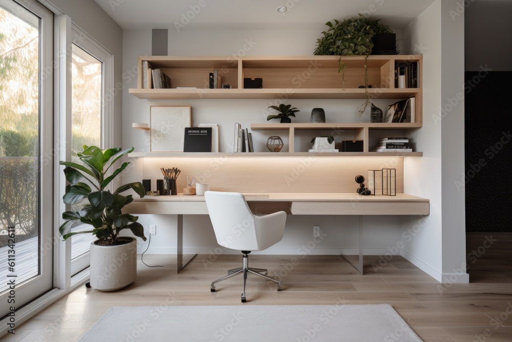 Poster home office dedicated solely to work and productivity with modern furniture, clean lines, and minimal distractions, created with generative ai