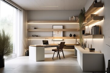 modern home office with sleek design, minimalist furniture and accent lighting, created with generative ai