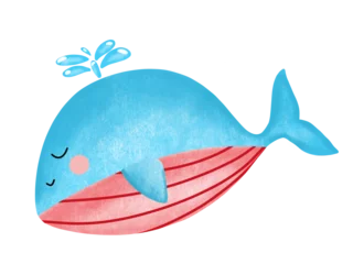 Fotobehang blue whale drawing swimming on white background. © Phronphan