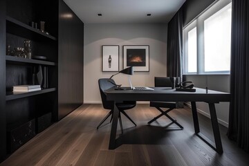 Fototapeta premium minimalist home office with sleek black desk and white chair, created with generative ai