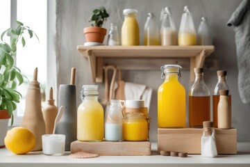 homemade cleaning products on a shelf with other household necessities, created with generative ai