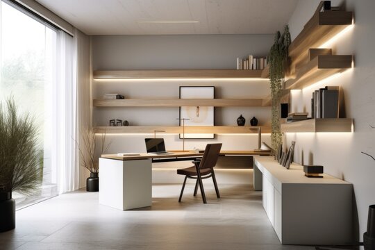 modern home office with sleek design, minimalist furniture and accent lighting, created with generative ai