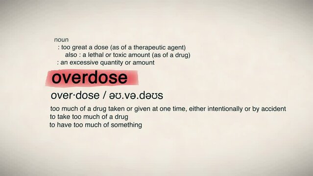 The Word Overdose Red Highlighted in a Dictionary Animation