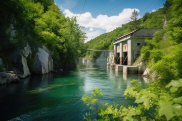 Fototapeta na wymiar hydroelectric power plant, surrounded by lush greenery and crystal-clear waters, created with generative ai