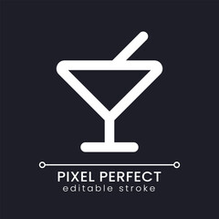 Bar pixel perfect white linear ui icon for dark theme. Drinking cocktail. Hotel. Public place. Vector line pictogram. Isolated user interface symbol for night mode. Editable stroke. Poppins font used