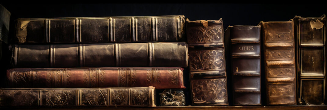 Banner or header image with stack of antique leather books in library, banner, generative AI