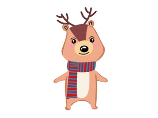 Deer cartoon with striped scarf standing on white background.
