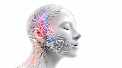 3D Render. Human face transforming to robot. AI technology, white background, digitalism, technology of the future. Generative AI