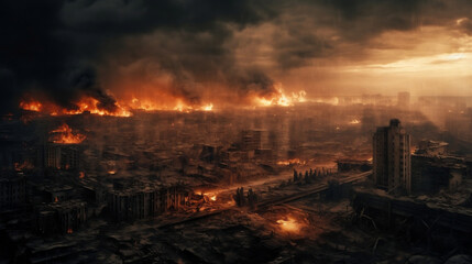 City with fires, explosions. Concept of war and disaster. Generative ai.