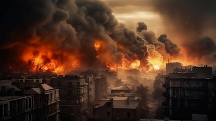 City with fires, explosions. Concept of war and disaster. Generative ai.