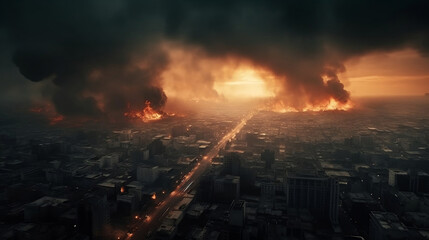 City with fires, explosions. Concept of war and disaster. Generative ai.