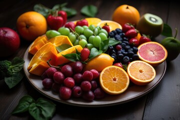 plate of colorful fruits and vegetables, symbolizing variety of vitamins and minerals, created with generative ai