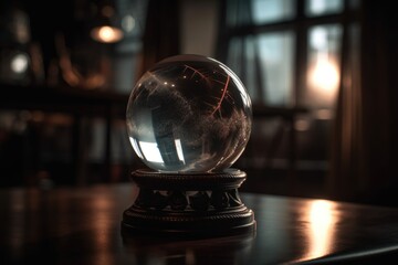 close-up of the crystal ball with mysterious and magical light shining through, created with generative ai