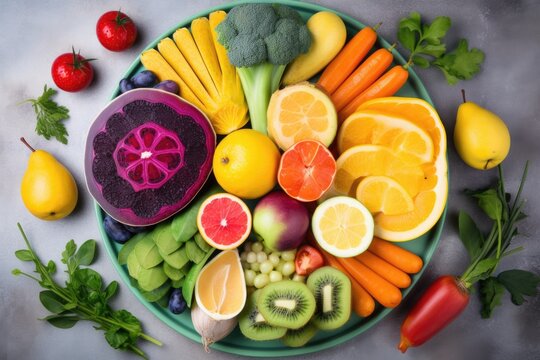 a plate of colorful fruits and vegetables, representing the variety of natural immunity boosters, created with generative ai