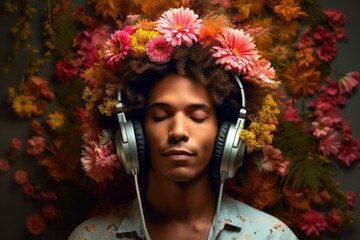 man wearing headphones with flowers on his head, generative AI