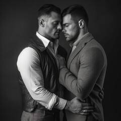 Black and white image of gay male couple in loving embrace, generative Ai
