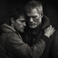 Black and white image of gay male couple in loving embrace, generative Ai