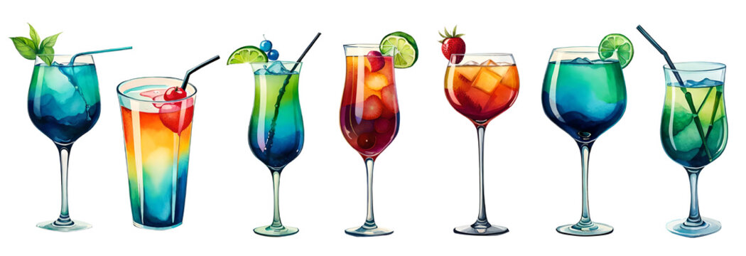 Watercolor cocktail set on transparent background. Generative Ai
