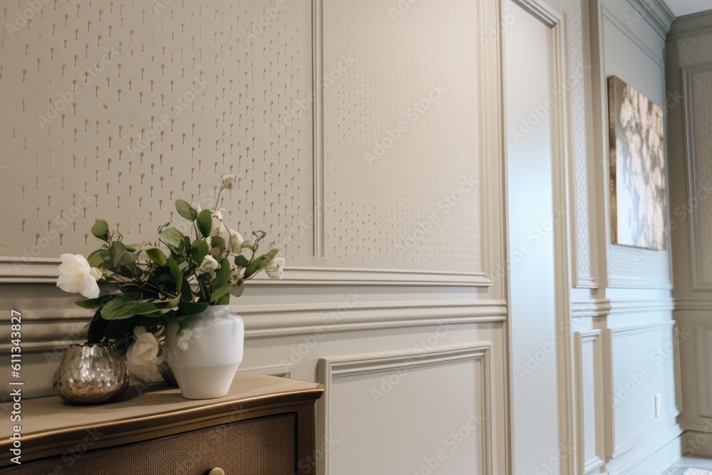 Wall mural wallpaper installation with expert finishing touches in the form of nailheads and trim, created with generative ai