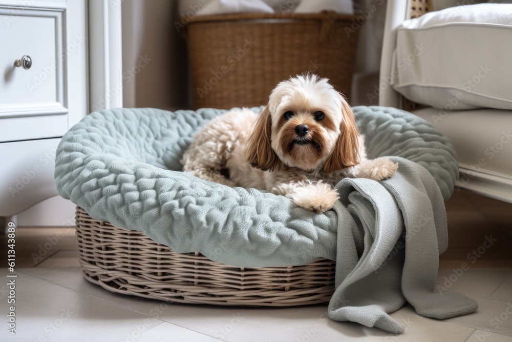 Canvas Prints luxurious dog bed with plush blanket and pillow in basket, created with generative ai