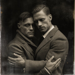 Black and white image of gay male couple in loving embrace, generative Ai